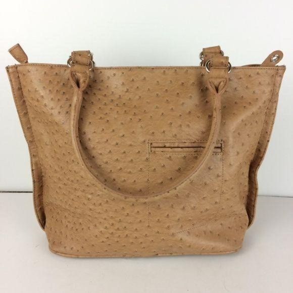 Reflections Shoulder Tote Tan Vegan Ostrich Faux Leather Purse Zipper Closure - Picture 2 of 8